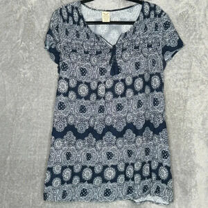 Faded Glory XXL 2X Shirt Top Navy Blue Paisley Short Sleeve Keyhole Scoop Neck